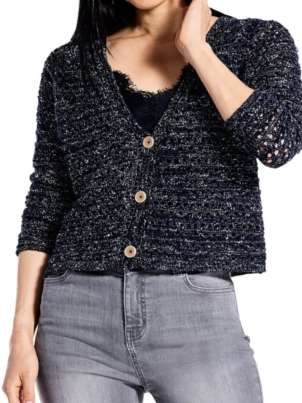 NIC+ZOE Crochet Button Up V Neck Blue Cotton Blend Cardigan